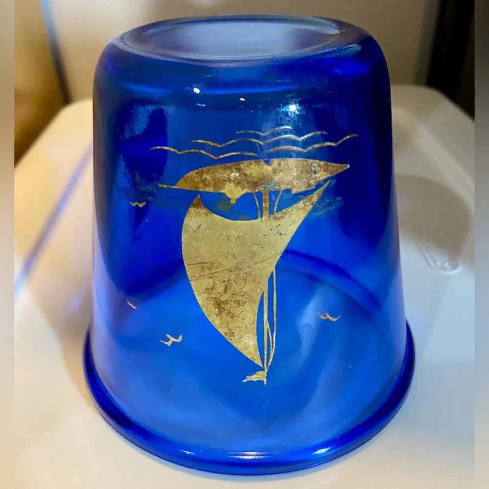 Vintage 4” Hazel Atlas Cobalt Blue Sailboat Ice Bucket - Depression Glass